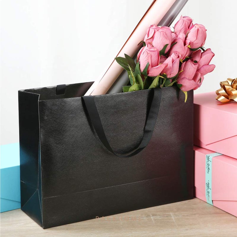 PACKHOME 10 Large Gift Bags 14.5x5x10.5 Inches, Black Premium Gift Bags with Handles for Gift Giving (Glossy Black with Grass Texture) - Image 2